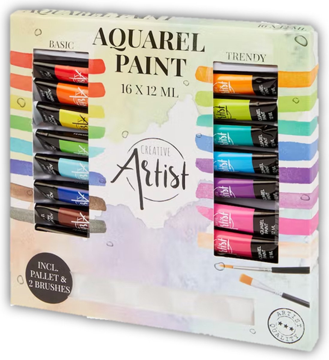 Aquarelverf - Professionele Aquarelverf set - 16 kleuren | Inclusief pallet en 2 kwasten | Verfset voor Kinderen en volwassenen - Art - Kunst - Gemakkelijk om mee te werken en te mixen.